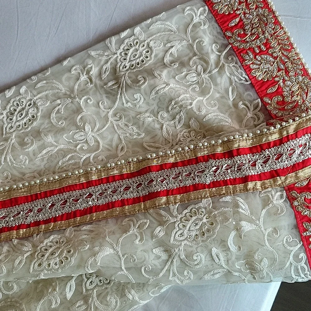 White and red net saree - Picture 7 of 9